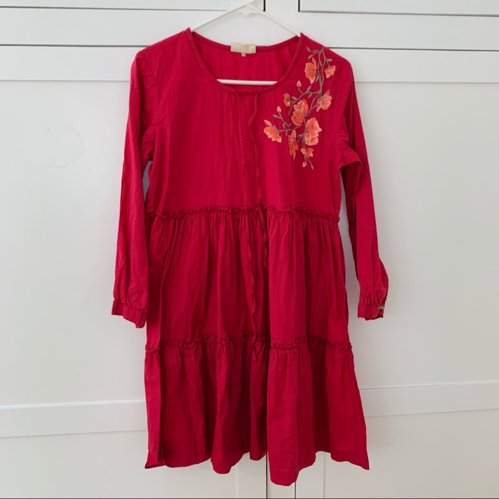 Bombay Paisley Cotton Boho Pink Embroidered Long Sleeve Ruffle Dress Size Large